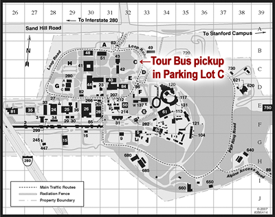 SLAC Campus Map highlighting Parking Lot C, which is behind and downhill from the Linear Cafe and Panofsky Auditorium.