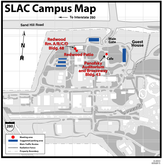 Map of SLAC campus highlighting the Redwood Rooms, Cafeteria, and Guest House